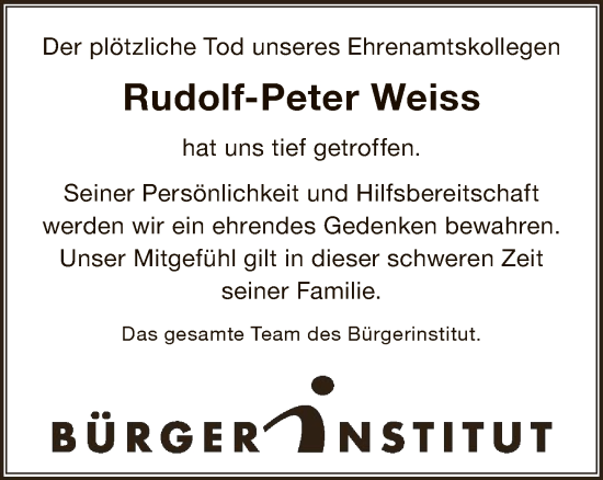 Traueranzeige von Rudolf-Peter Weiss von FNP