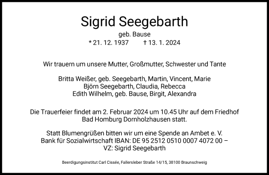 Traueranzeige von Sigrid Seegebarth von FNP