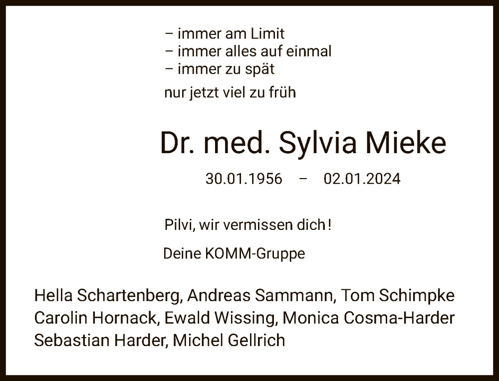  Traueranzeige für Sylvia Mieke vom 06.01.2024 aus FNP