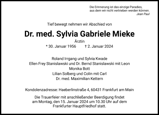 Traueranzeige von Sylvia Gabriele Mieke von FNP