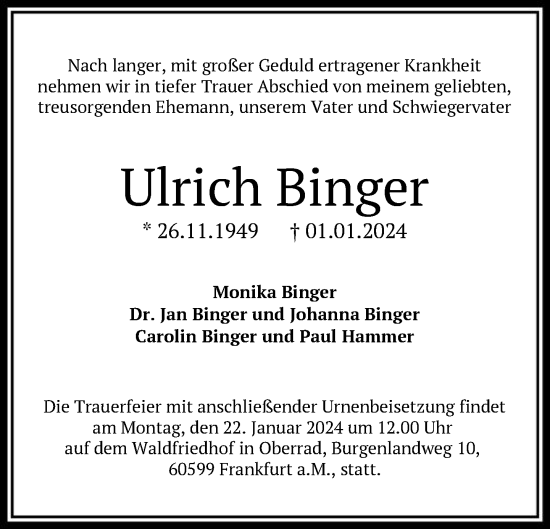 Traueranzeige von Ulrich Binger von FNP