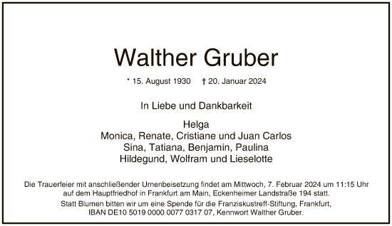 Traueranzeige von Walther Gruber von FNP