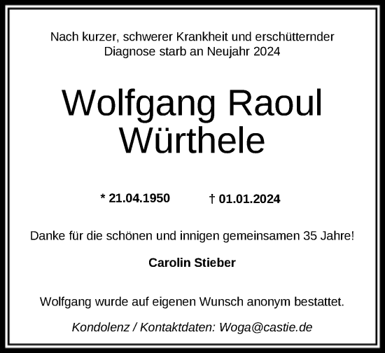 Traueranzeige von Wolfgang Raoul Würthele von FNP