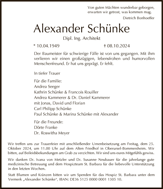 Traueranzeige von Alexander Schünke von FNP