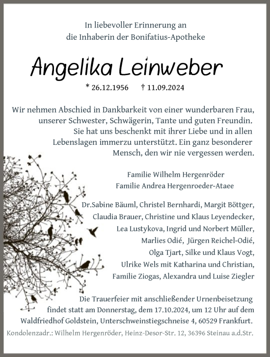 Traueranzeige von Angelika Leinweber von FNP