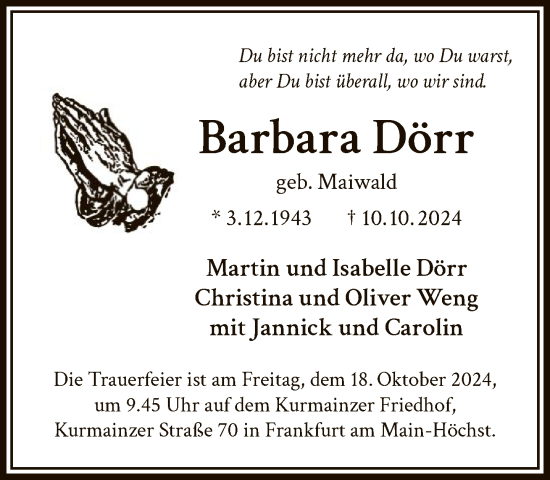 Traueranzeige von Barbara Dörr von FNP