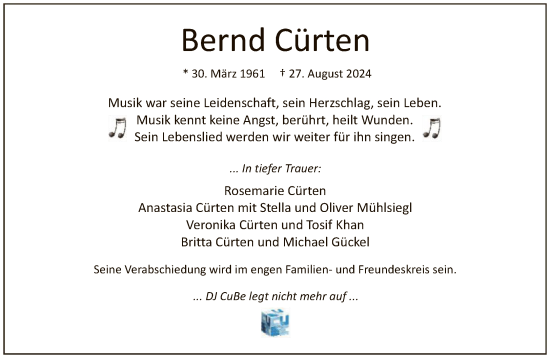 Traueranzeige von Bernd Cürten von FNP