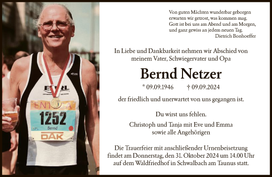 Traueranzeige von Bernd Netzer von FNP