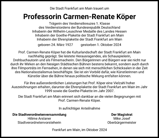Traueranzeige von Carmen-Renate Köper von FNP