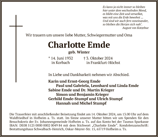 Traueranzeige von Charlotte Emde von FNP