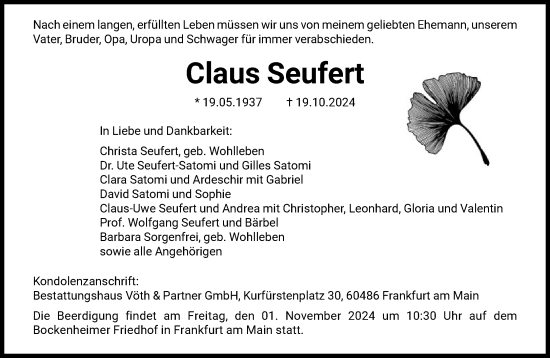 Traueranzeige von Claus Seufert von FNP