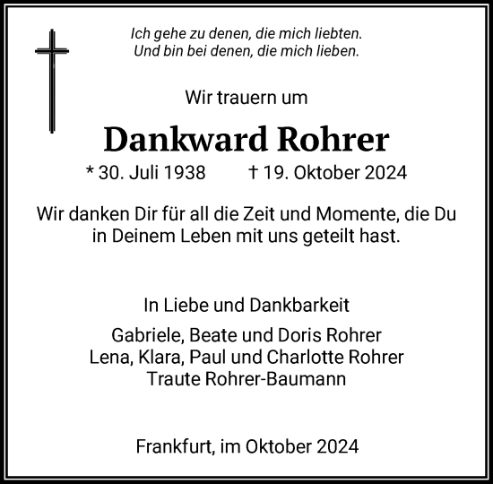 Traueranzeige von Dankward Rohrer von FNP