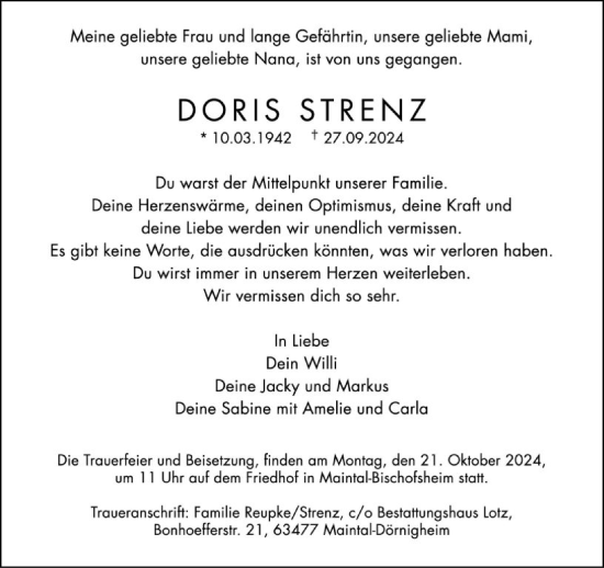 Traueranzeige von Doris Strenz von FNP