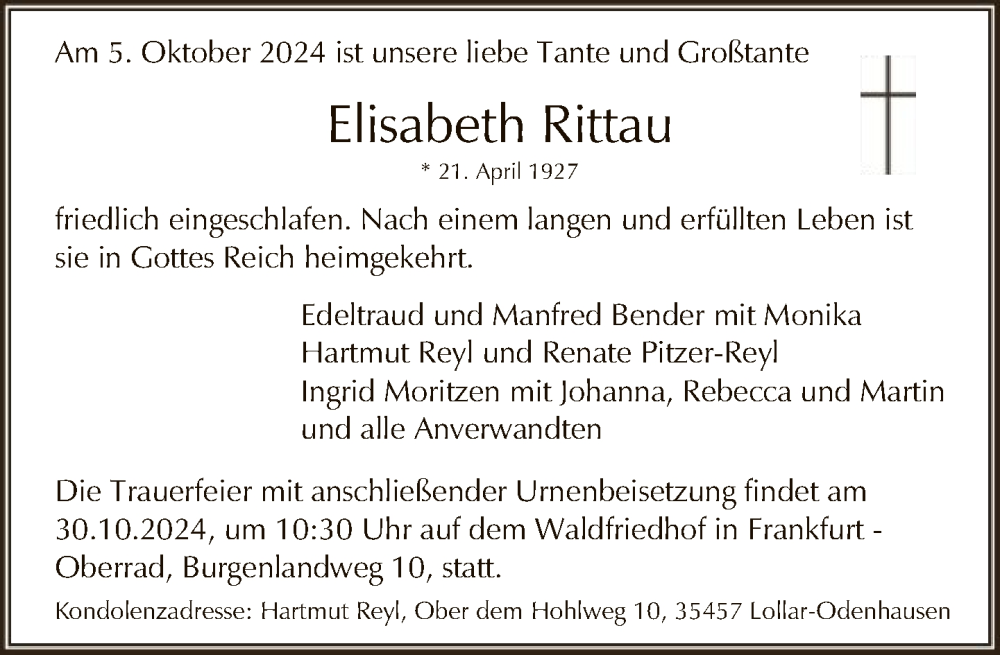  Traueranzeige für Elisabeth Rittau vom 19.10.2024 aus FNP