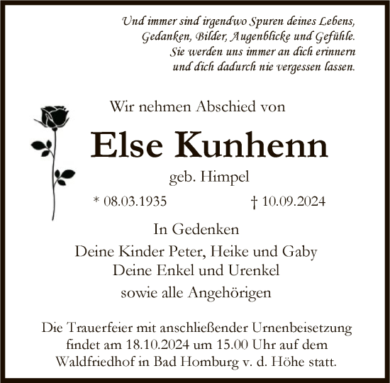 Traueranzeige von Else Kunhenn von FNP