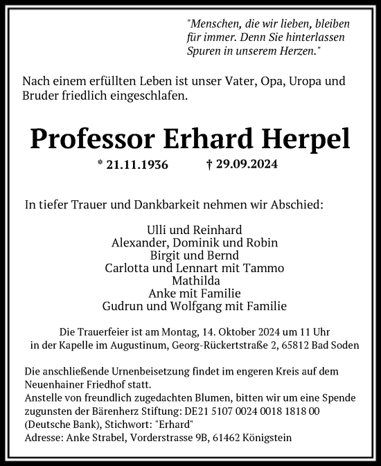 Traueranzeige von Erhard Herpel von FNP