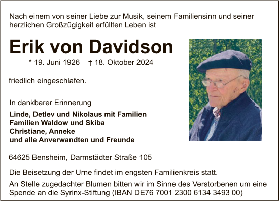 Traueranzeige von Erik von Davidson von FNP