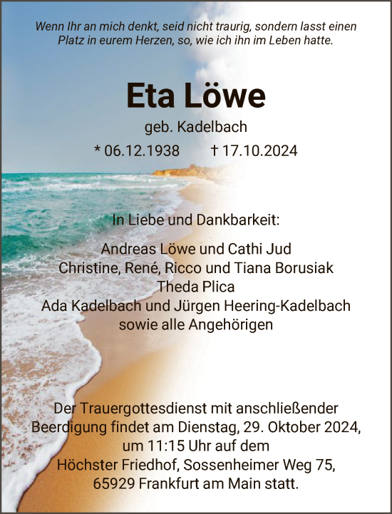 Traueranzeige von Eta Löwe von FNP