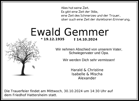 Traueranzeige von Ewald Gemmer von FNP