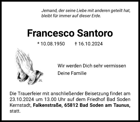 Traueranzeige von Francesco Santoro von FNP