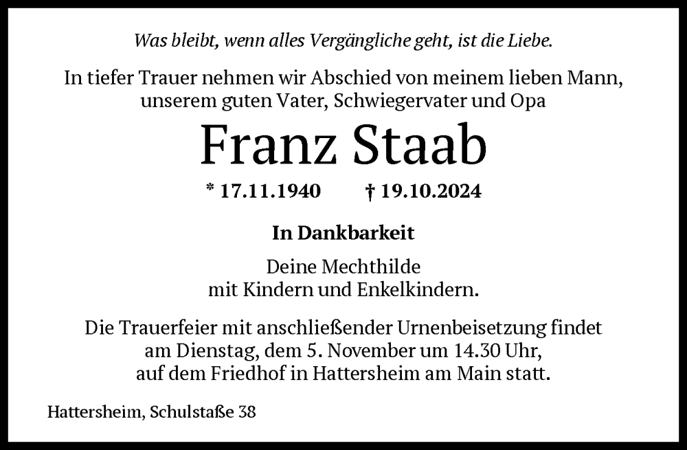  Traueranzeige für Franz Staab vom 30.10.2024 aus FNP