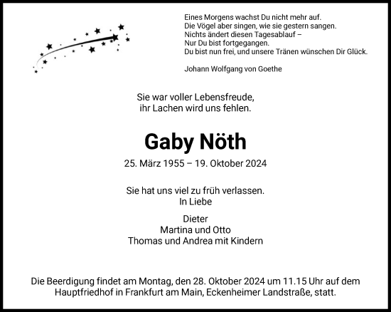 Traueranzeige von Gaby Nöth von FNP