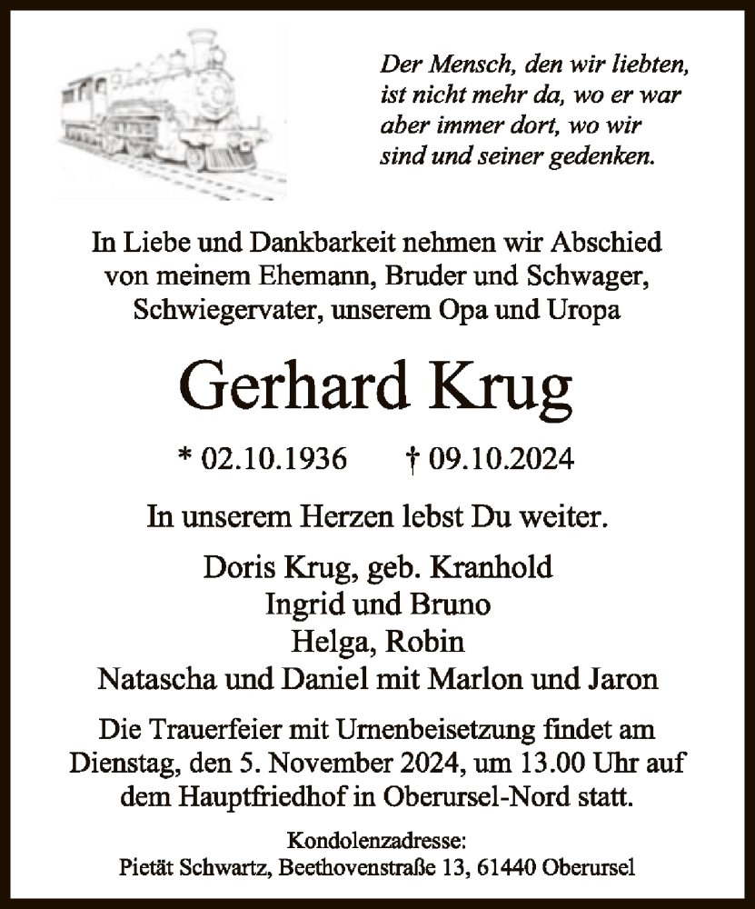  Traueranzeige für Gerhard Krug vom 26.10.2024 aus FNP