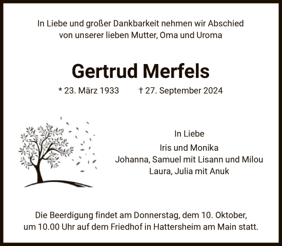 Traueranzeige von Gertrud Merfels von FNP