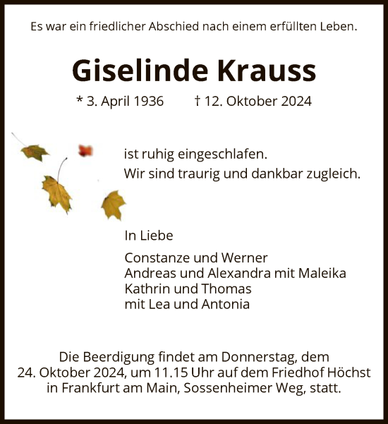 Traueranzeige von Giselinde Krauss von FNP