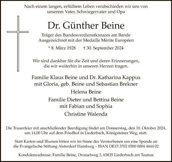 Traueranzeige von Günther Beine von FNP