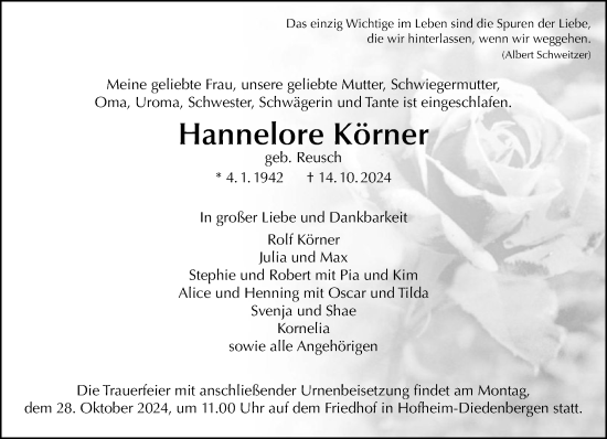 Traueranzeige von Hannelore Körner von FNP