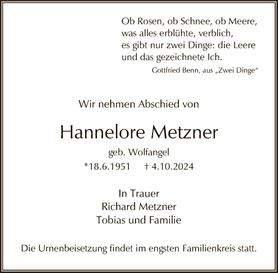 Traueranzeige von Hannelore Metzner von FNP