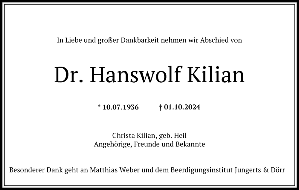  Traueranzeige für Hanswolf Kilian vom 26.10.2024 aus FNP