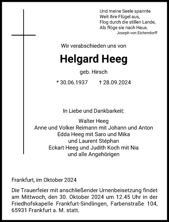 Traueranzeige von Helgard Heeg von FNP