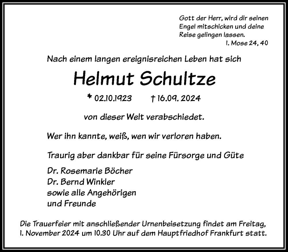  Traueranzeige für Helmut Schultze vom 19.10.2024 aus FNP