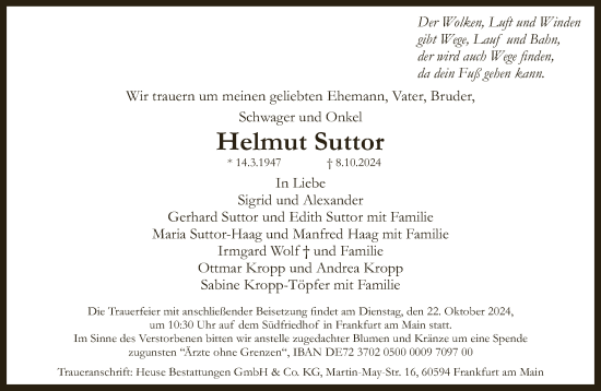 Traueranzeige von Helmut Suttor von FNP