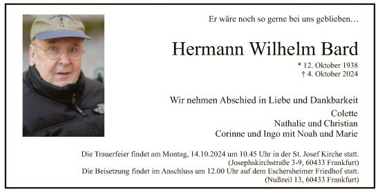Traueranzeige von Hermann Wilhelm Bard von FNP