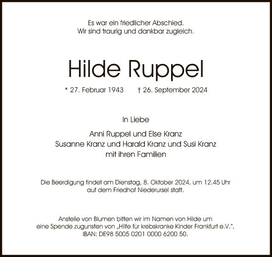 Traueranzeige von Hilde Ruppel von FNP