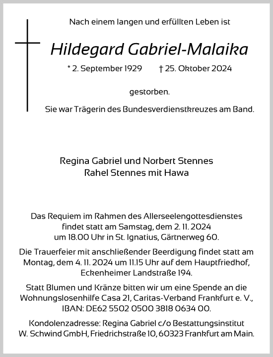 Traueranzeige von Hildegard Gabriel-Malaika von FNP