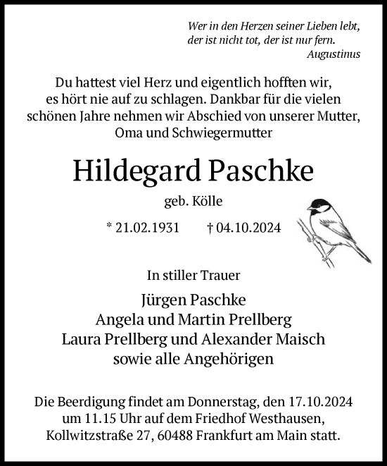 Traueranzeige von Hildegard Paschke von FNP