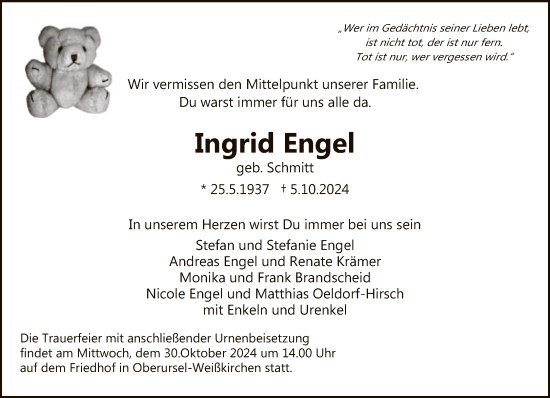 Traueranzeige von Ingrid Engel von FNP