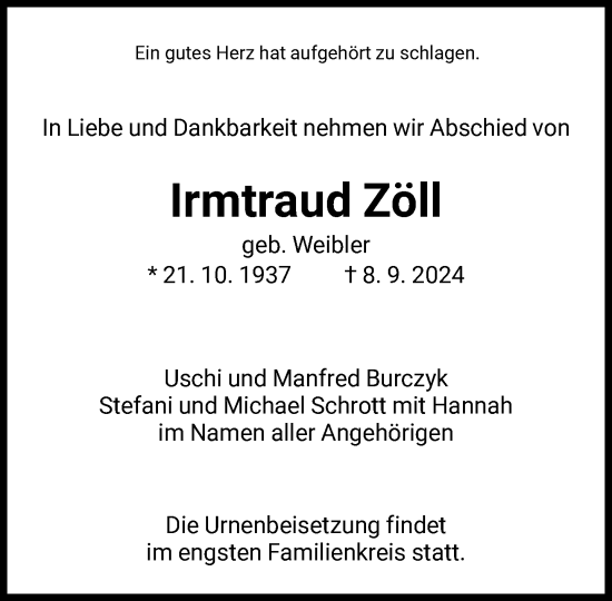 Traueranzeige von Irmtraud Zöll von FNP
