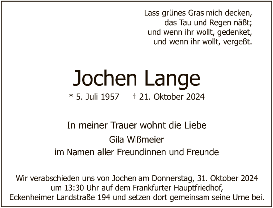 Traueranzeige von Jochen Lange von FNP