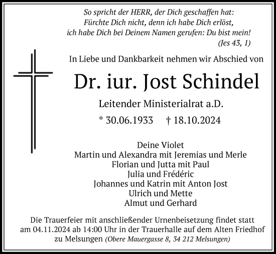 Traueranzeige von Jost Schindel von FNP