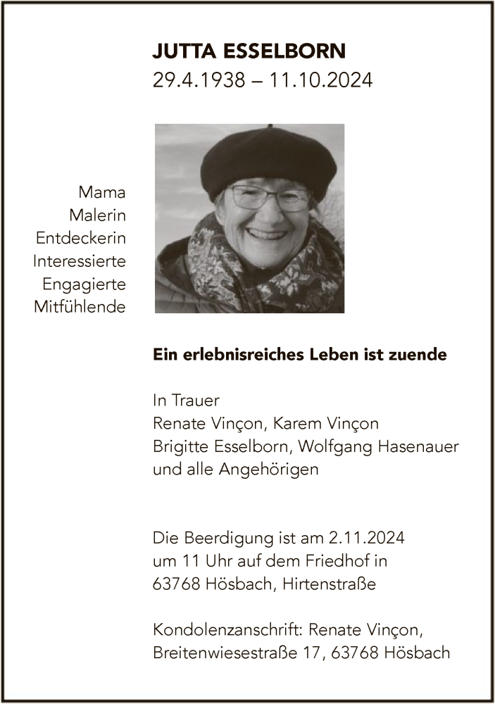  Traueranzeige für Jutta Esselborn vom 26.10.2024 aus FNP