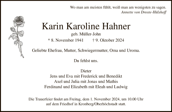 Traueranzeige von Karin Hahner von FNP