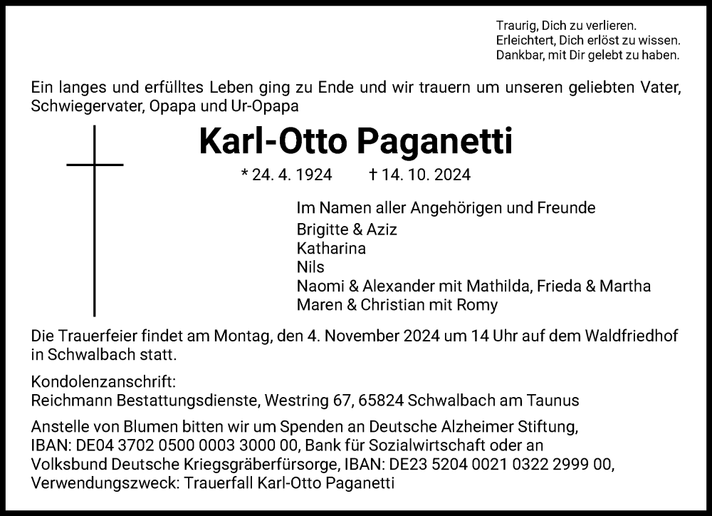  Traueranzeige für Karl-Otto Paganetti vom 26.10.2024 aus FNP