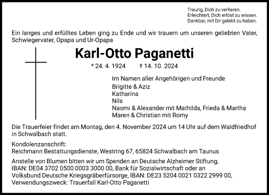 Traueranzeige von Karl-Otto Paganetti von FNP