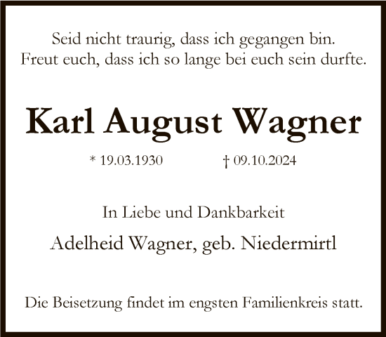 Traueranzeige von Karl August Wagner von FNP