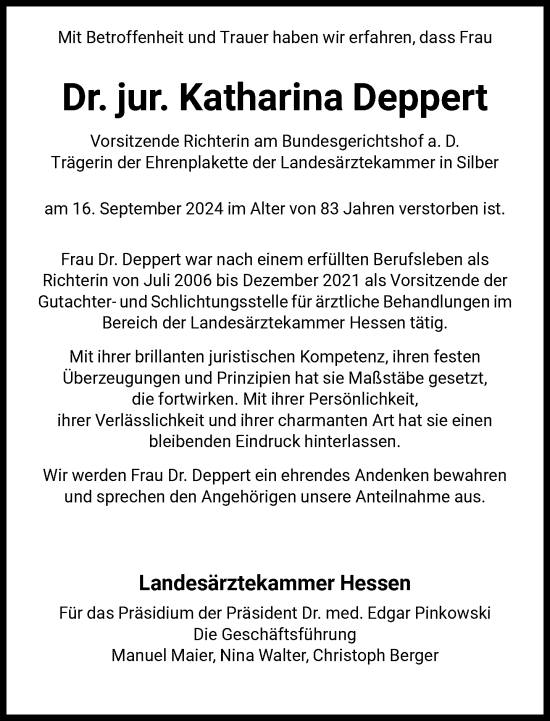 Traueranzeige von Katharina Deppert von FNP